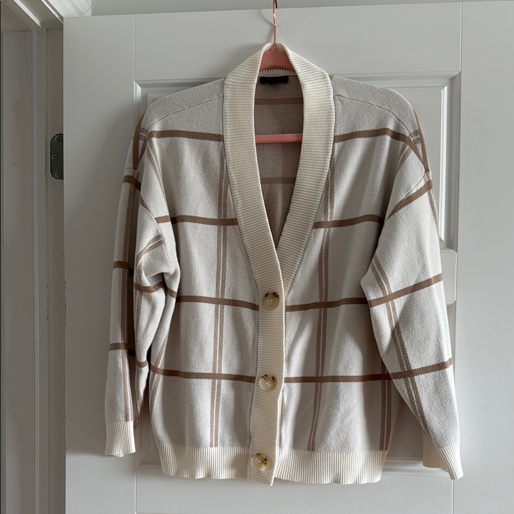 Plaid Button-Up Cardigan Sweater - Cream and Brown